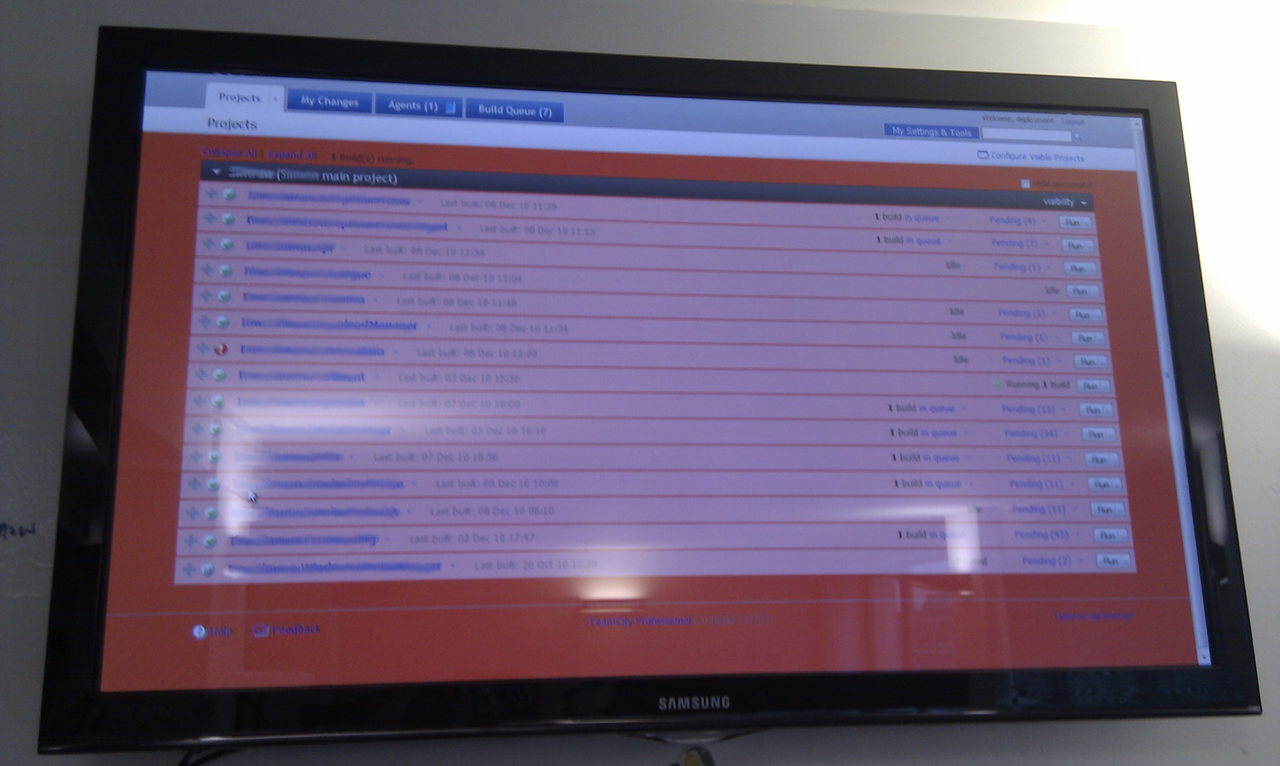 Photograph of TV showing our build server dashboard