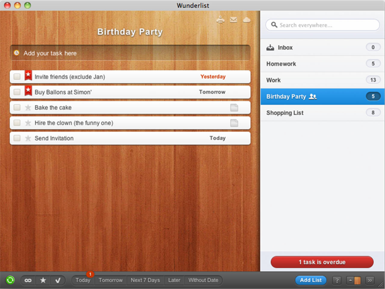 Screenshot of Wunderlist app