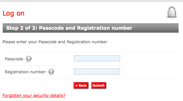 Second page for the Santander Online Banking Login
